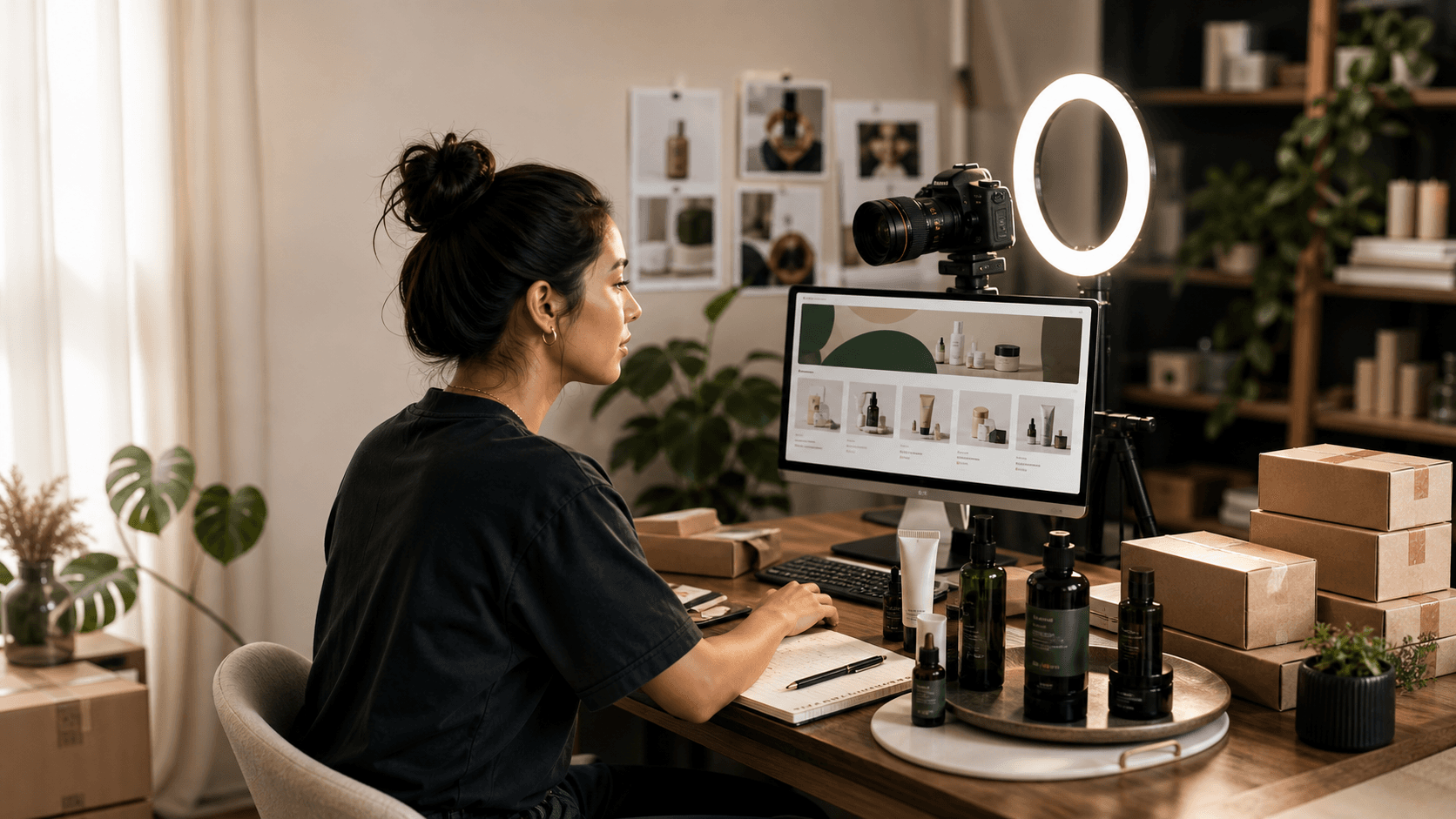 Creator filming products in a home studio with a camera, ring light, products, and shipping boxes